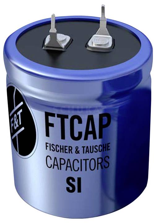 Modrý válcový kondenzátor s názvem značky „FTCAP" a „Fischer & Tausche Capacitors SI" vytištěným na jeho povrchu.