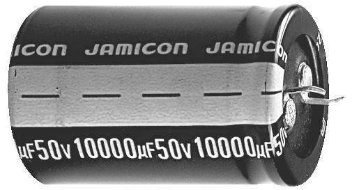 Elektrolytický kondenzátor Jamicon 10000μF 50V s válcovým tvarem, vybavený kovovými vývody pro připojení do elektronických obvodů.