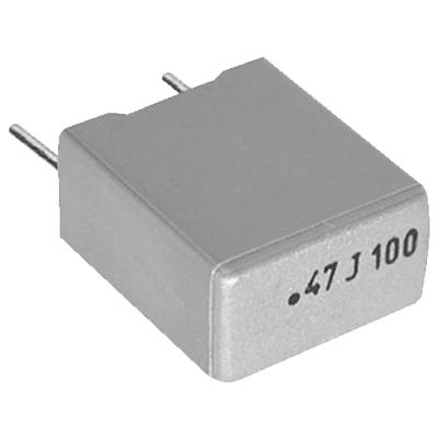 Šedý obdélníkový elektronický kondenzátor se dvěma kovovými vývody, označený '.47 J 100'.