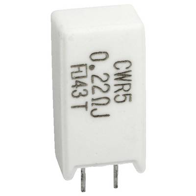 Bílý obdélníkový elektronický rezistor označený 'CWR5 0.22Ω H43T' se dvěma kovovými vývody ve spodní části.