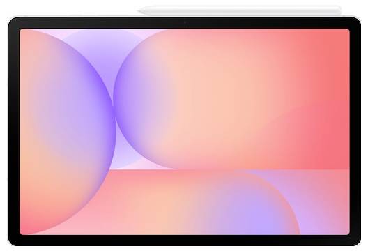 Tablet se stylusem zobrazující barevný přechodový displej s překrývajícími se růžovými a fialovými sférami.