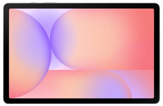 Tablet s počítačem zobrazujícím abstraktní pozadí s překrývajícími se kruhy v měkkých odstínech růžové, fialové a oranžové barvy.