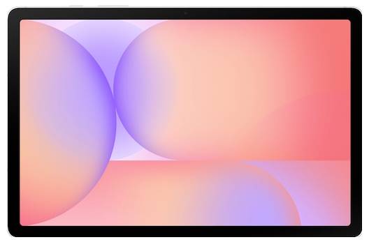 Tablet zobrazující živé abstraktní pozadí s překrývajícími se kruhy v odstínech oranžové, růžové a fialové.