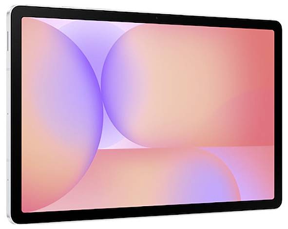 Tablet zobrazující barevnou obrazovku s abstraktními kruhovými vzory v pastelových růžových a fialových tónech.
