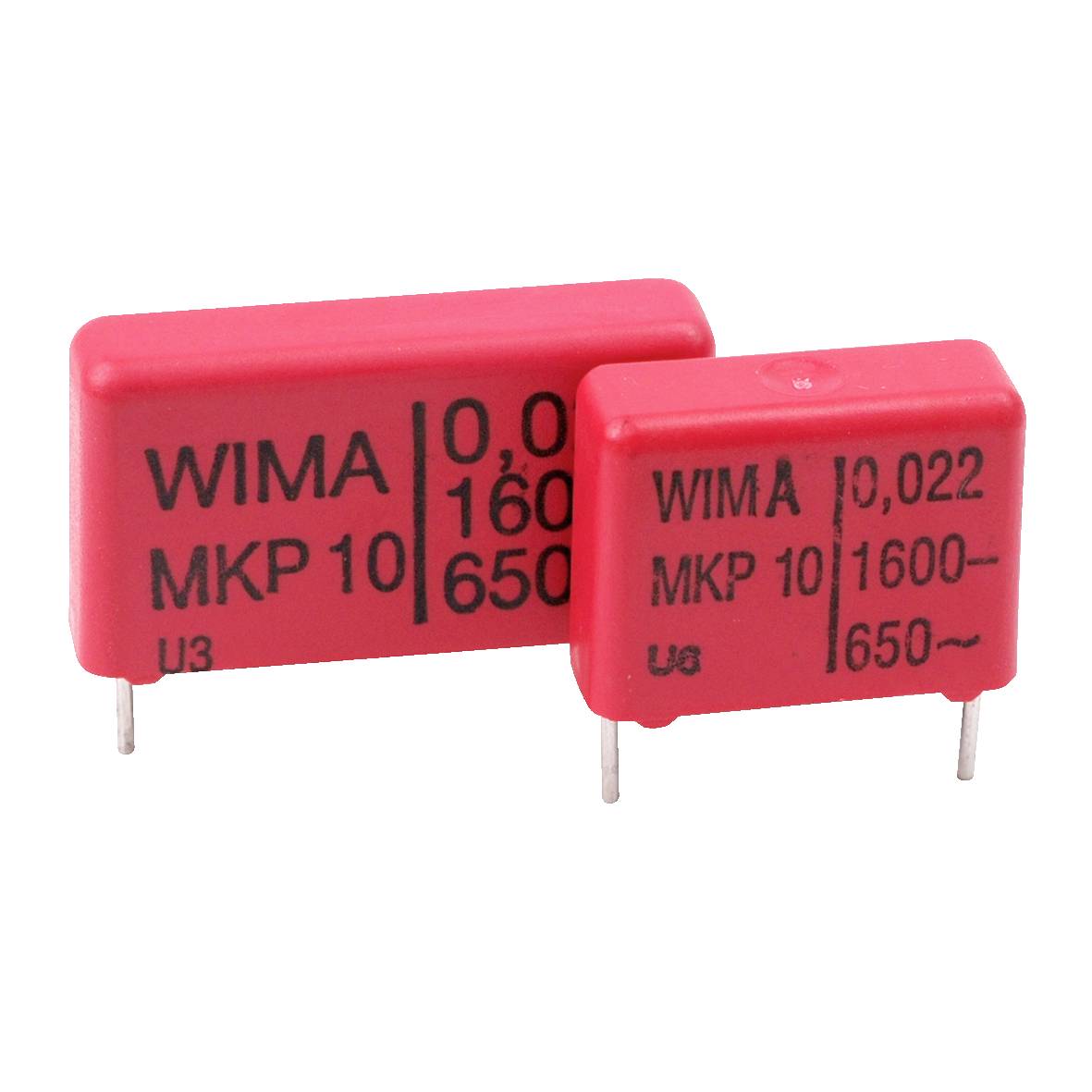 Dva červené kondenzátory WIMA MKP10, označené kapacitou a napěťovým hodnocením '0,01uF 1600V' a '0,022uF 1600V', se dvěma kovovými vývody.