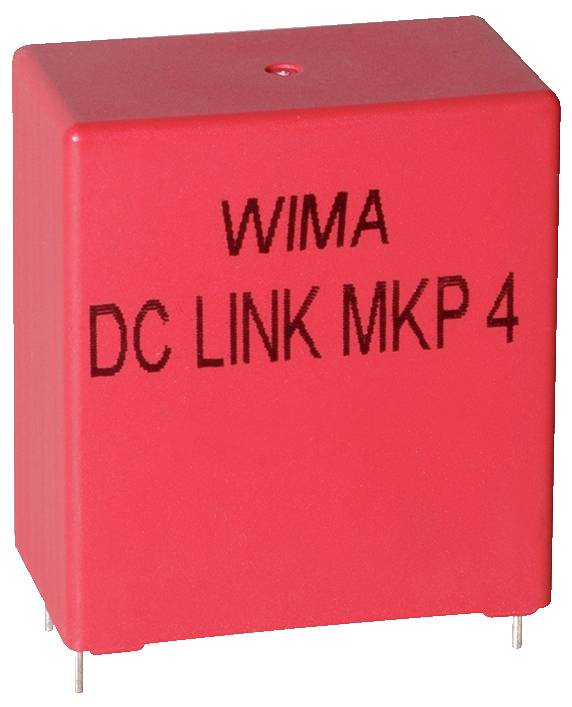 Červená obdélníková elektronická součástka označená 'WIMA DC LINK MKP 4' s kovovými vývody pro připojení na desku plošných spojů.