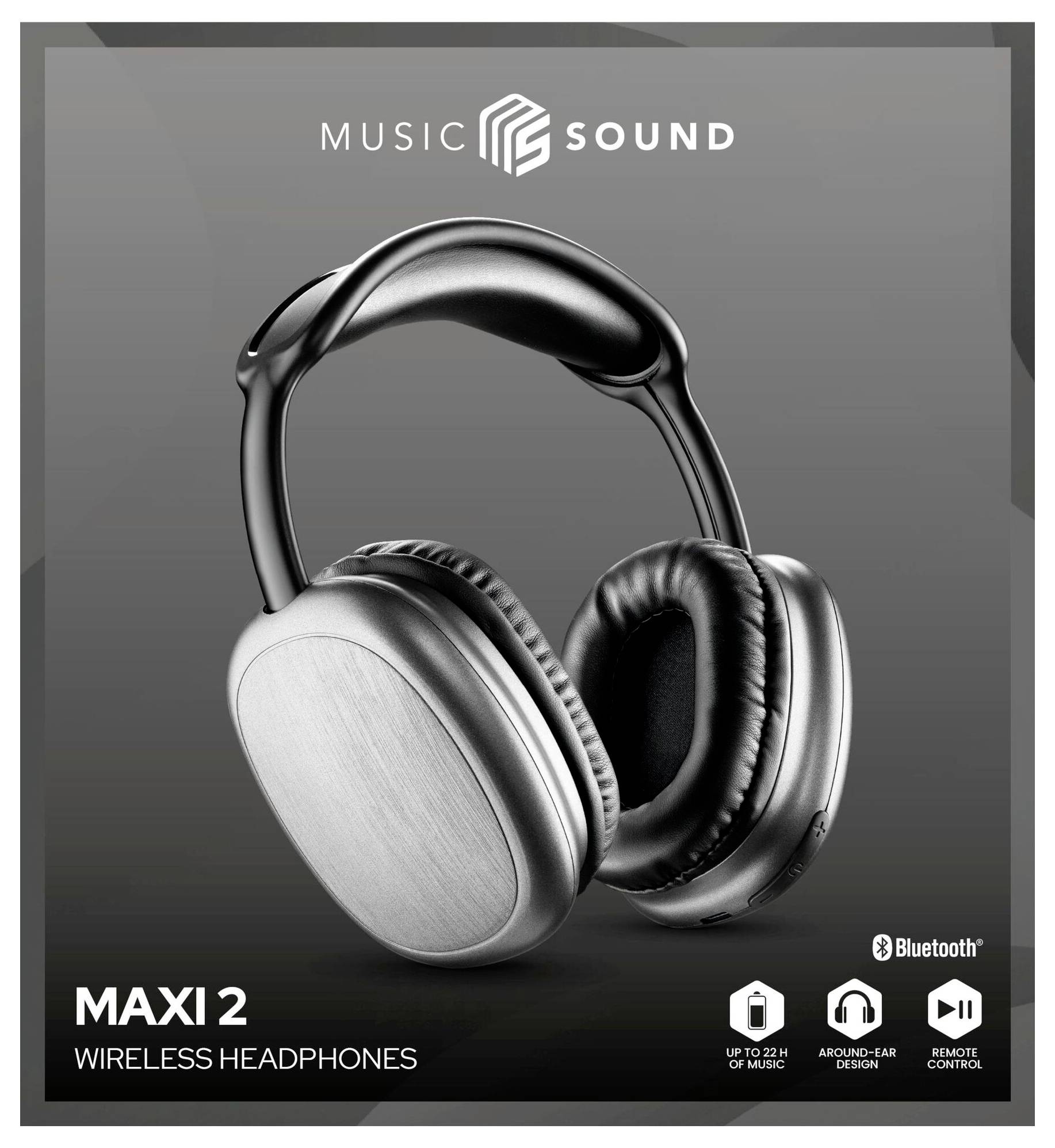 'Hudební sluchátka Sound Maxi 2 Bezdrátová': Uzavřená sluchátka přes uši, černá a stříbrná barva, Bluetooth, až 32 hodin hudby, funkce dálkového ovládání.