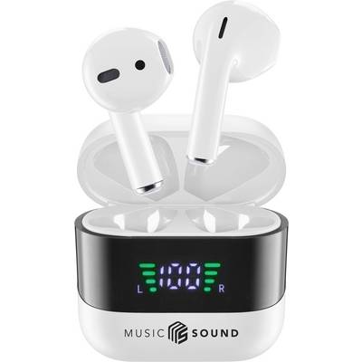 Bílé bezdrátové špunty ve otevřeném nabíjecím pouzdře s digitálním displejem zobrazujícím úroveň baterie. Pouzdro má branding 'MUSIC SOUND'.