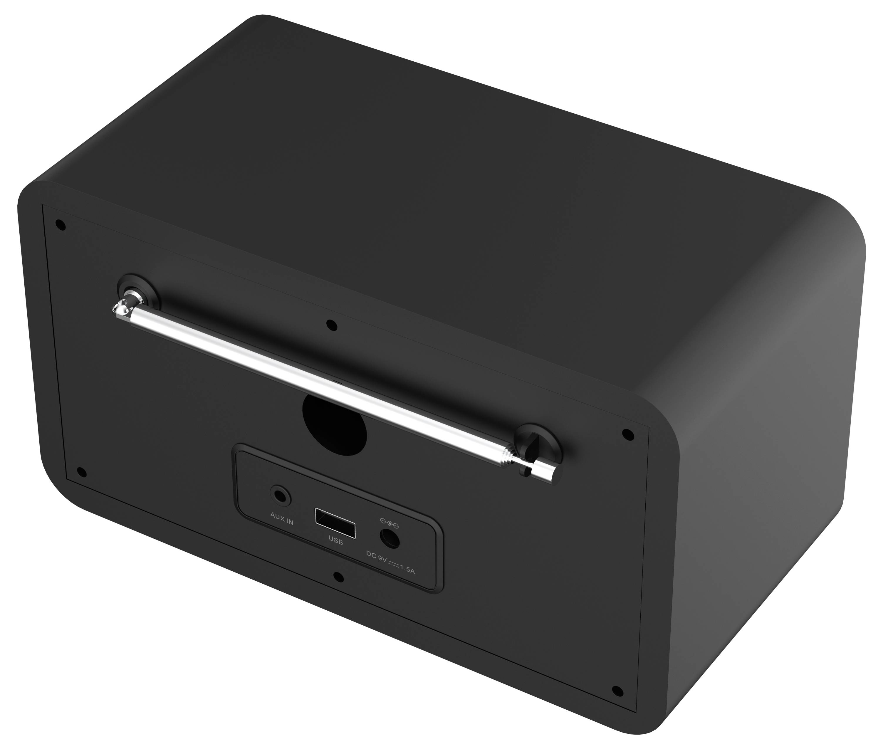 Černé obdélníkové elektronické zařízení s USB portem, LED indikátorem a vypínačem na předním panelu.
