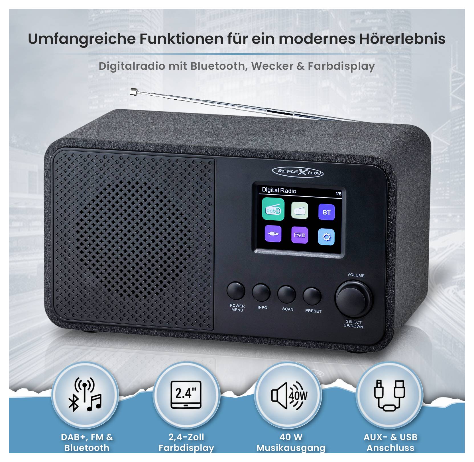 Digitální rádio s rozsáhlými funkcemi: Bluetooth, budík, barevný displej, DAB+, FM, 2,4palcový displej, 40W reproduktor, AUX/USB.