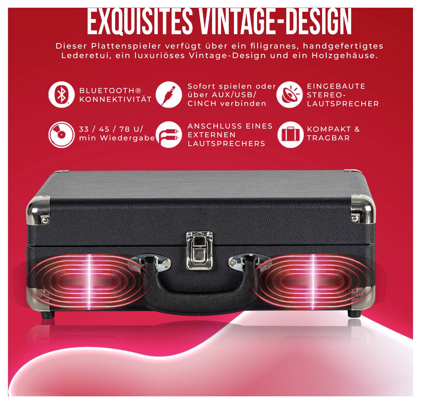 Reklamní plakát přenosného přehrávače desek v designu vintage kufru s textem „NÁDHERNÝ VINTAGE DESIGN" a symboly pro Bluetooth, USB/Cinch, Stereo-reproduktory a až 78 otáček za minutu.