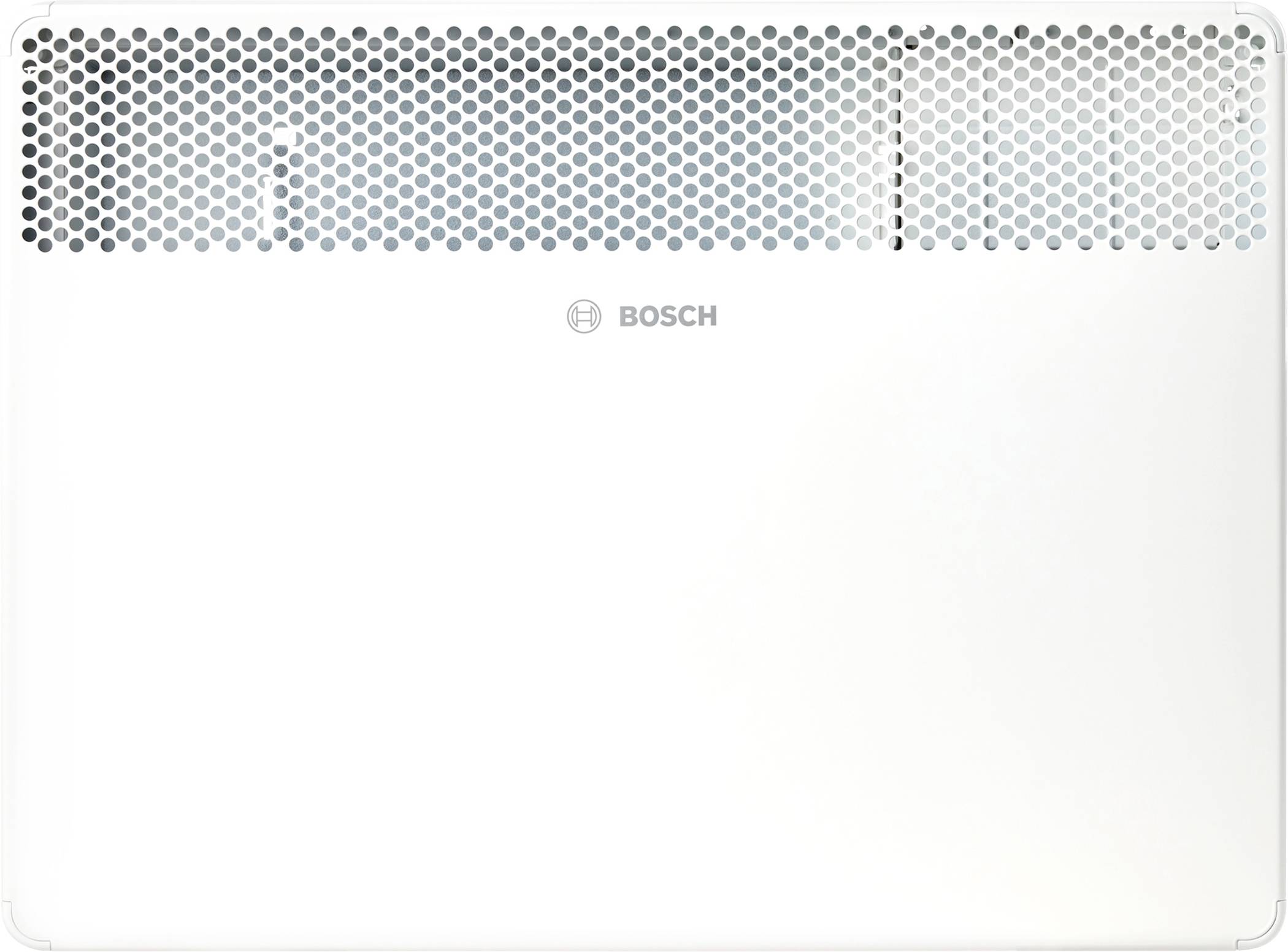 Bílý panelový ohřívač Bosch s perforovaným vrchem pro větrání s minimalistickým designem.