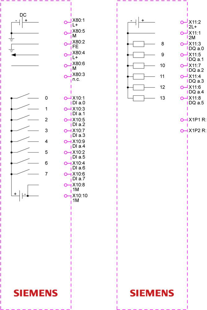 Schematický diagram komponent Siemens, zobrazující připojení pro stejnosměrné signály, včetně vstupů X8.0 až X8.5, X10.0 až X10.8, X11.1 až X11.8 a označení různých elektronických součástí.