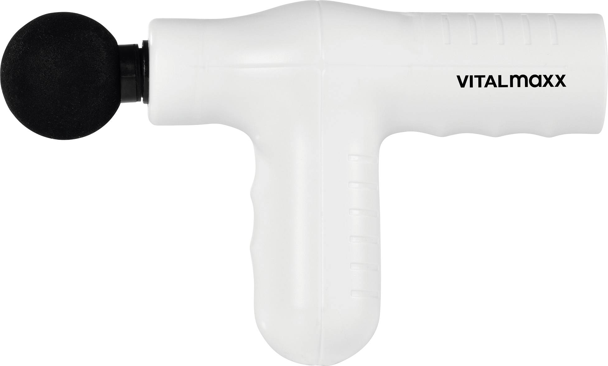 Bílá ruční masážní pistole značky Vitalmaxx s černým kulovitým nástavcem. Používá se pro regeneraci svalů a uvolnění napětí.