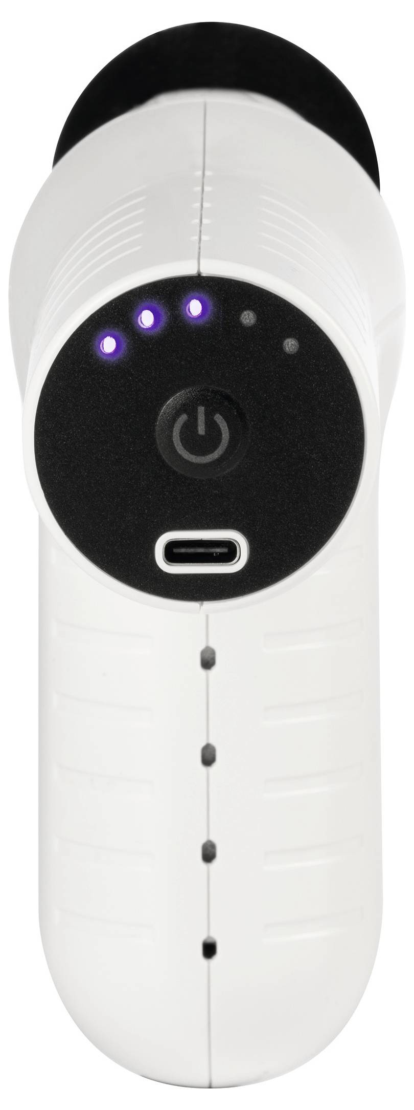 Bílé ruční zařízení se třemi LED indikátory, tlačítkem napájení a USB portem na černém kruhovém panelu.