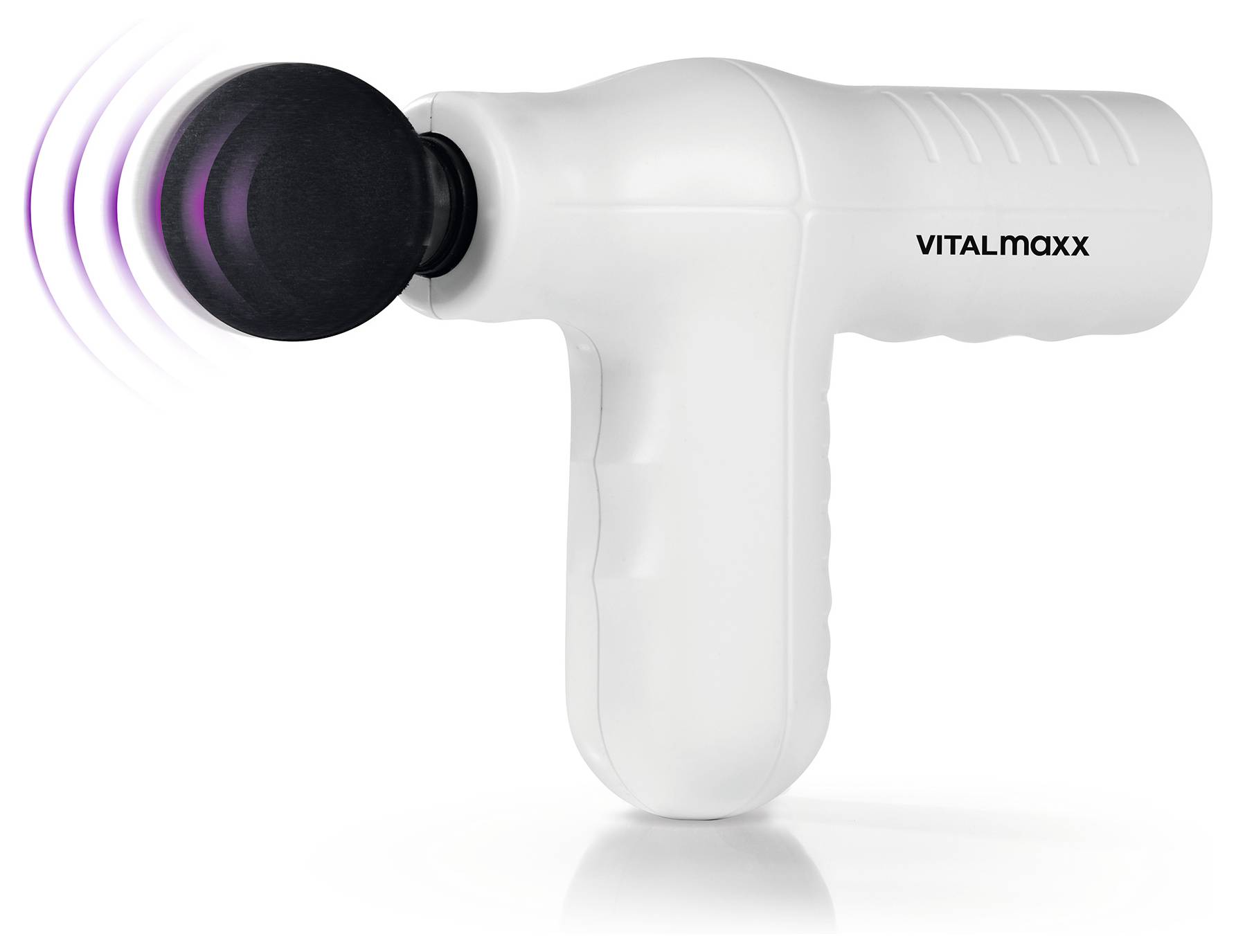 Bílá ruční masážní pistole značky 'VITALmaxx' s černou masážní hlavicí vyzařující vibrační vlny.