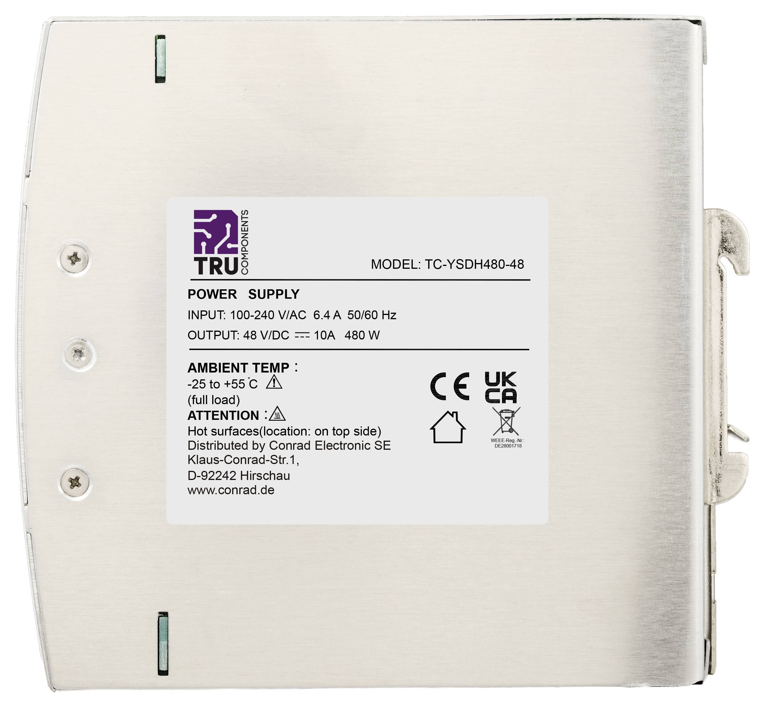 Štítek na kovové jednotce zdroje energie zobrazující model TRU Components TC-YSDH480-48, výstup 48 VDC, 10 A, 480 W, se značkami bezpečnosti a CE/UKCA.