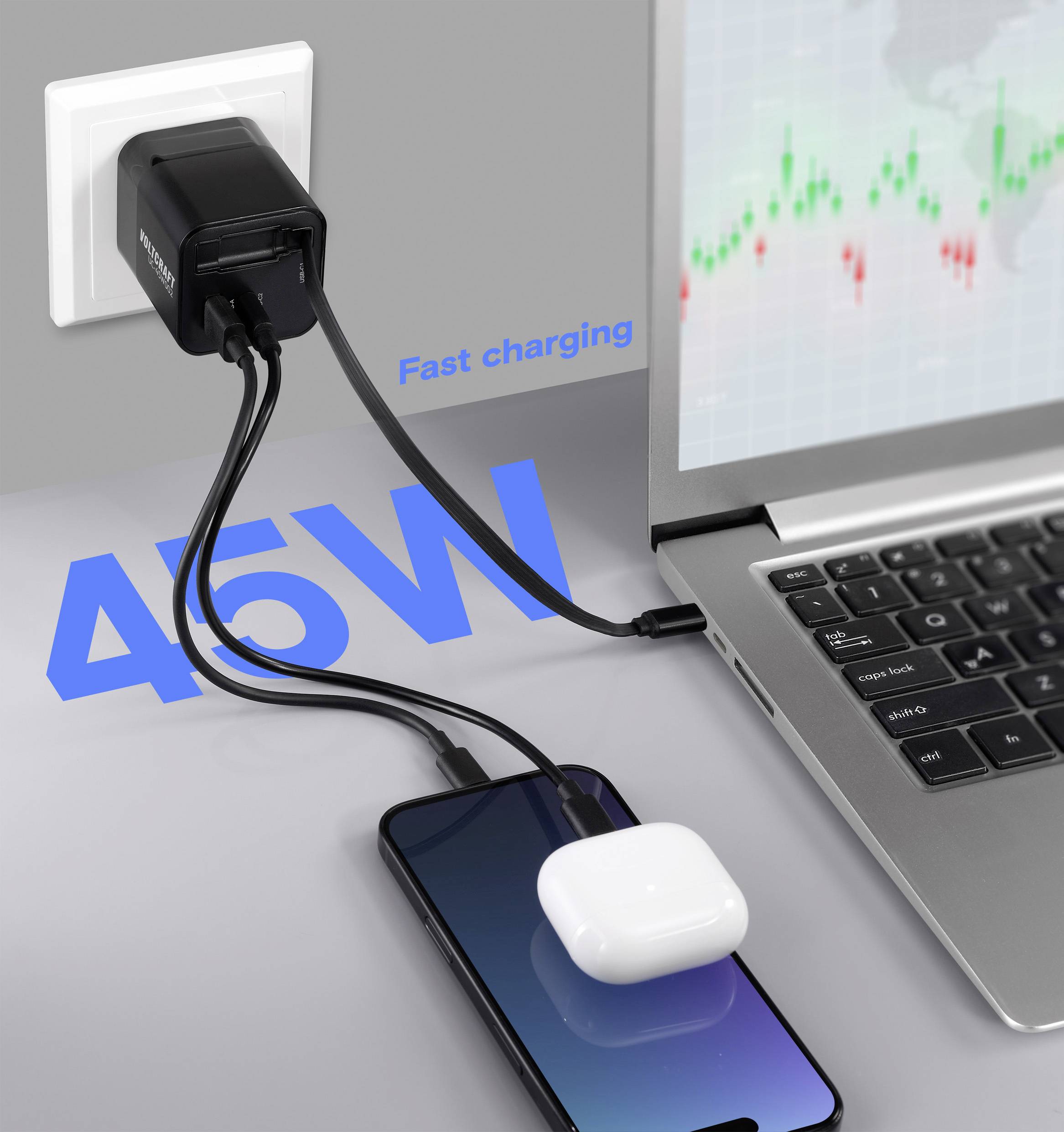 Smartphone a bezdrátová sluchátka jsou připojeny do napájecího adaptéru označeného '45W' pro rychlé nabíjení, přičemž notebook zobrazuje graf akciového trhu.