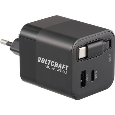 Je zobrazen černý nabíječ Voltcraft UC-45W002 s porty USB-A, USB-C1 a USB-C2, který je vhodný pro různá zařízení.
