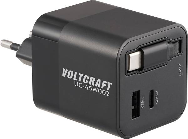 VOLTCRAFT UC-45W002 USB nabíječka, GaN, USB Power Delivery (USB-PD) , Rychlonabíječka, 1x USB A , 2x USB-C®, 45 W, Dodávka energie, černá