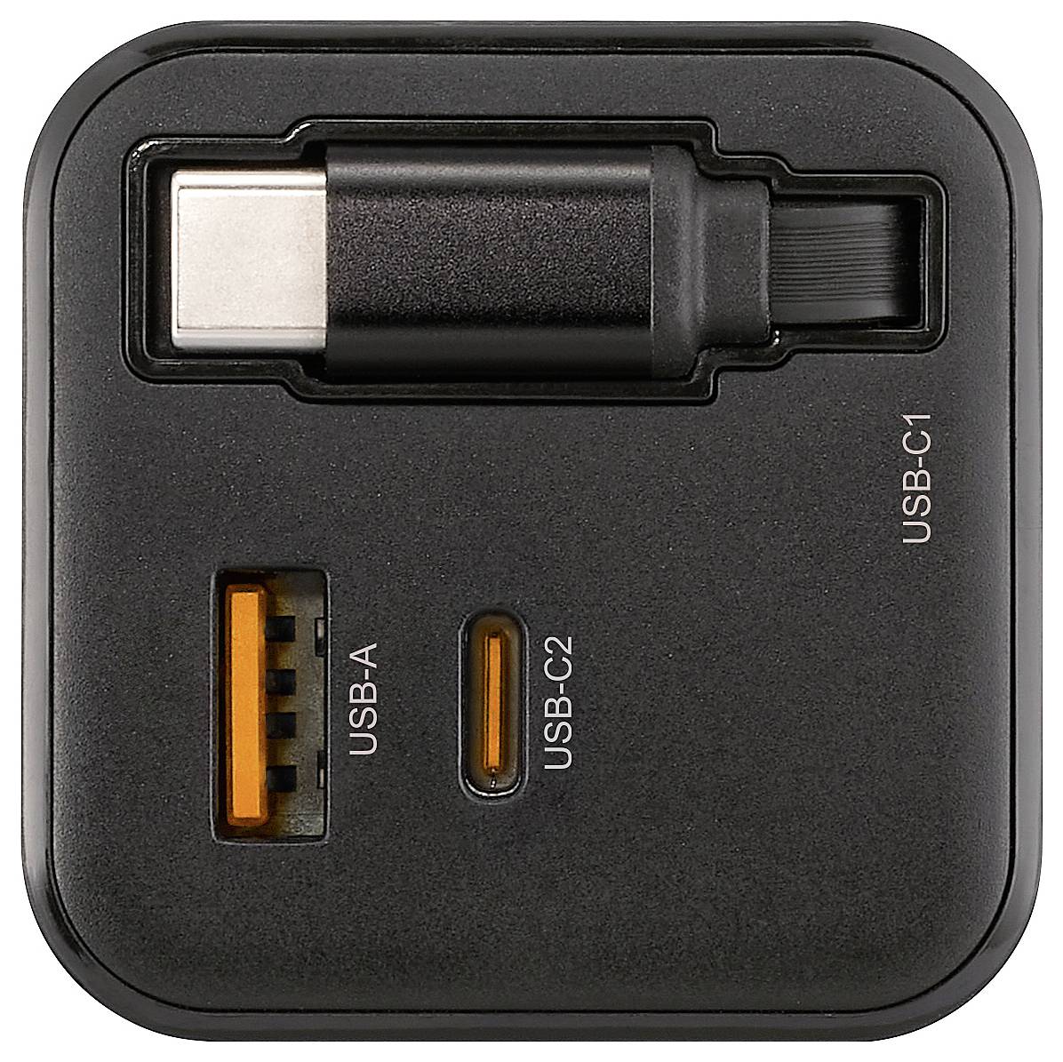 Černá víceportová nabíjecí stanice s jedním portem USB-A a dvěma porty USB-C označenými USB-C1 a USB-C2.