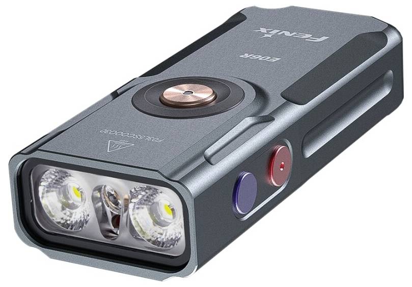 Obdélníková svítilna s třemi LED diodami, značky 'FENIX LD60R', vybavená tlačítky napájení a režimů, s elegantním kovovým designem.