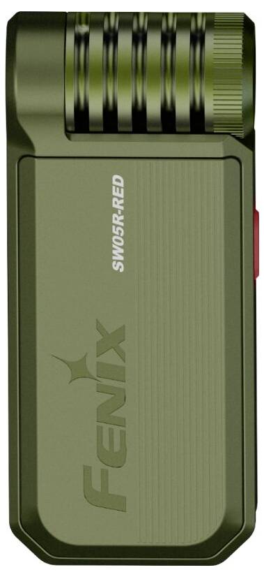 Olivově zelená svítilna s texturovaným úchopem a logem 'Fenix SW05R RED' na boku.