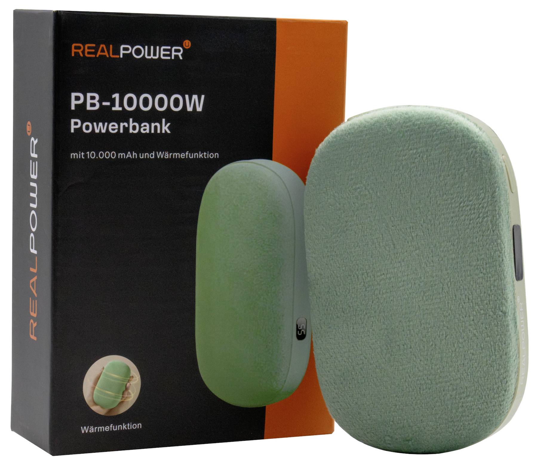 Powerbanka 'REALPOWER PB-10000W' s kapacitou 10 000 mAh a funkcí ohřevu, v obalu zobrazujícím obrázek produktu a jeho vlastnosti.