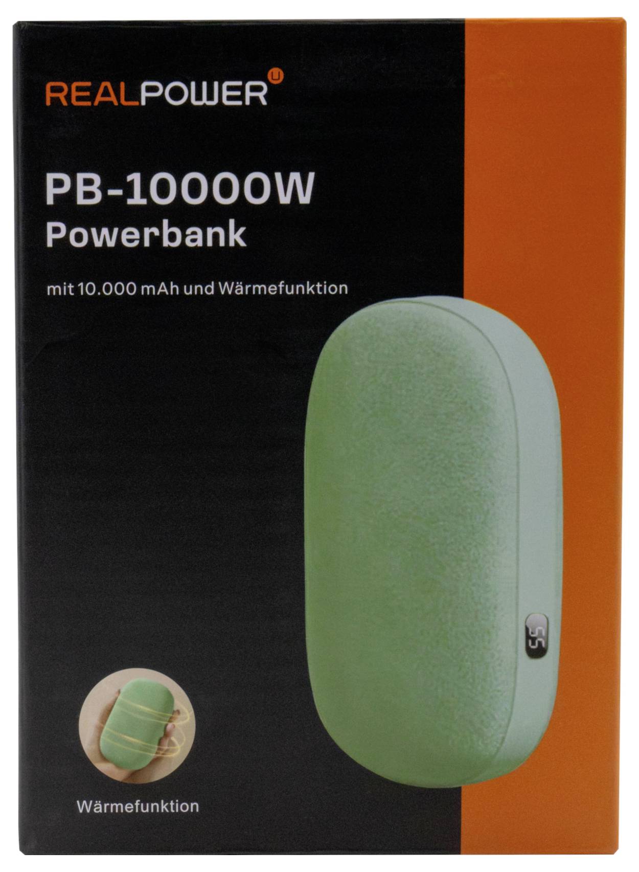Na obalu 'REALPOWER PB-10000W Powerbank' je zobrazen zelený přístroj s kapacitou '10 000 mAh' a funkcí ohřevu. Obrázek powerbankу je součástí obalu.