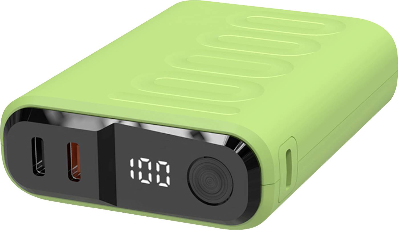 Zelená přenosná powerbanka s USB porty a digitálním displejem zobrazujícím '100', což značí plné nabití.