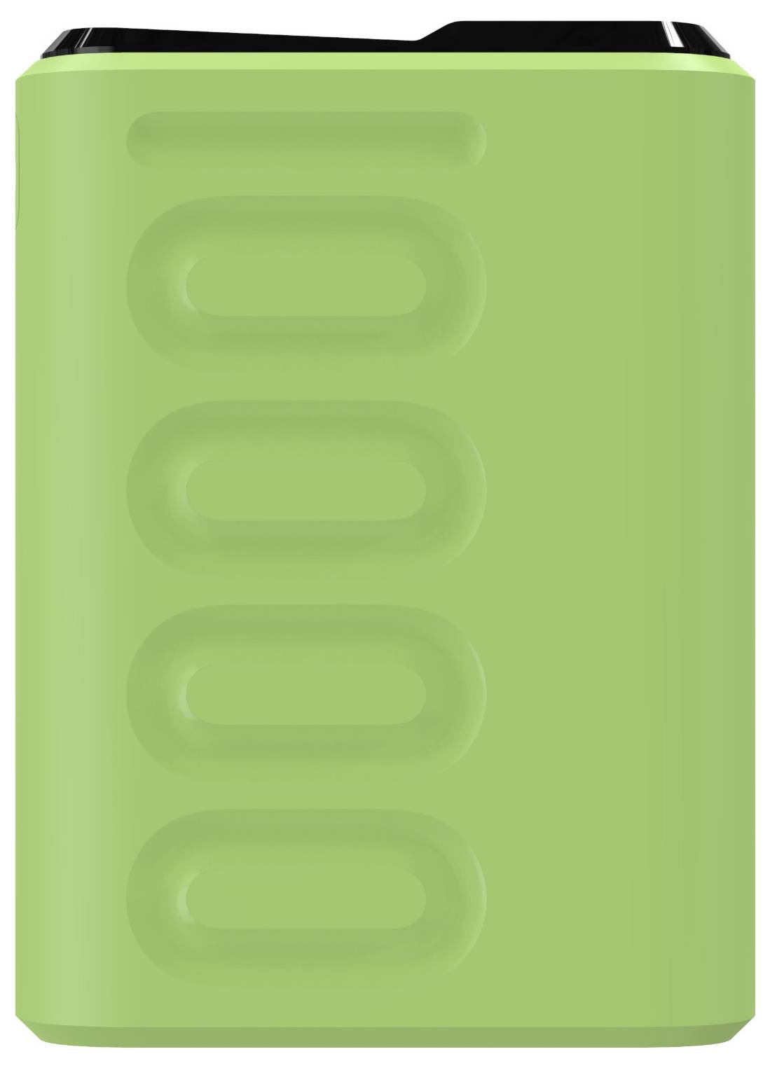 Zelená powerbanka s drážkovaným designem na povrchu.