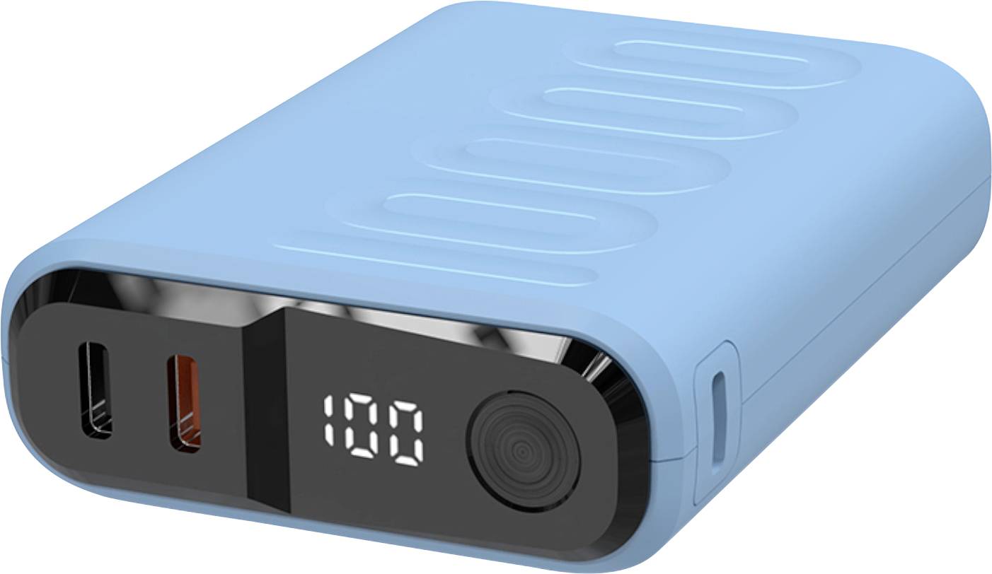 Modrá přenosná powerbanka s digitálním displejem zobrazujícím '100'. Po straně dva USB porty pro nabíjení zařízení.