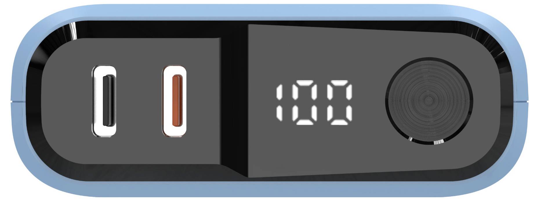 Detailní záběr powerbanka s digitálním displejem, který zobrazuje '100', s portem USB-C a portem USB-A s oranžovým vnitřkem.