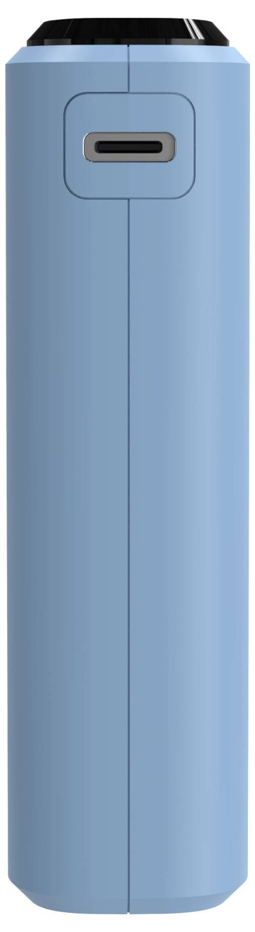 Modré válcové zařízení s obdélníkovým otvorem nahoře, pravděpodobně baterie nebo powerbanka.