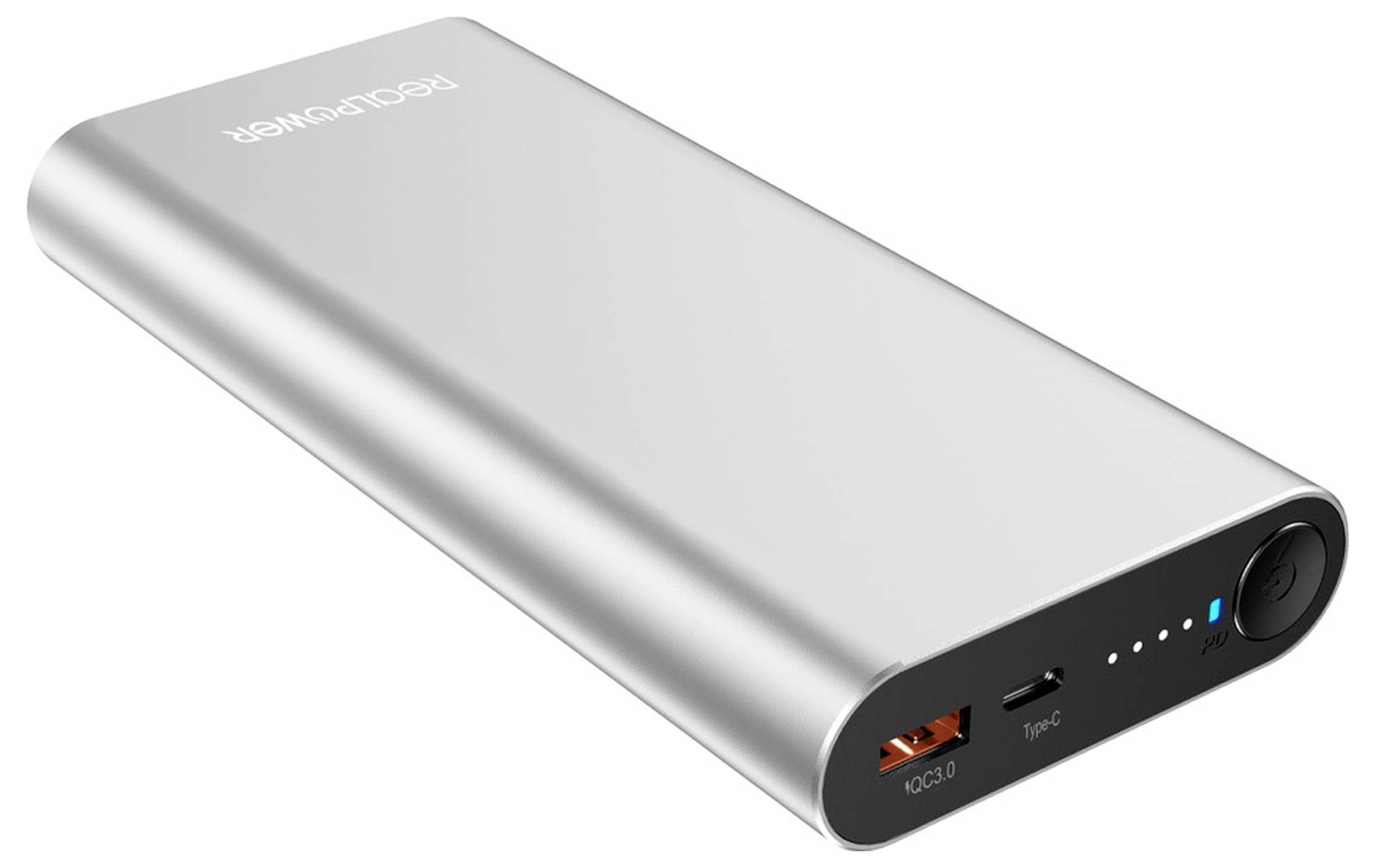 Stříbrná přenosná powerbanka s USB portem, USB-C portem a LED indikačními světly.