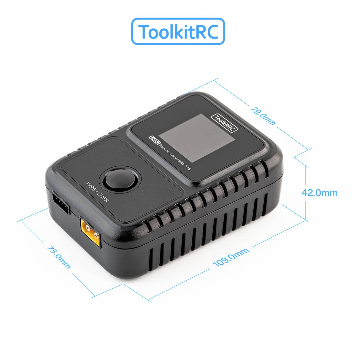 Černý napájecí zdroj ToolkitRC s displejem a vyznačenými rozměry: 109,0 mm x 75,0 mm x 42,0 mm. Disponuje portem Type-C.