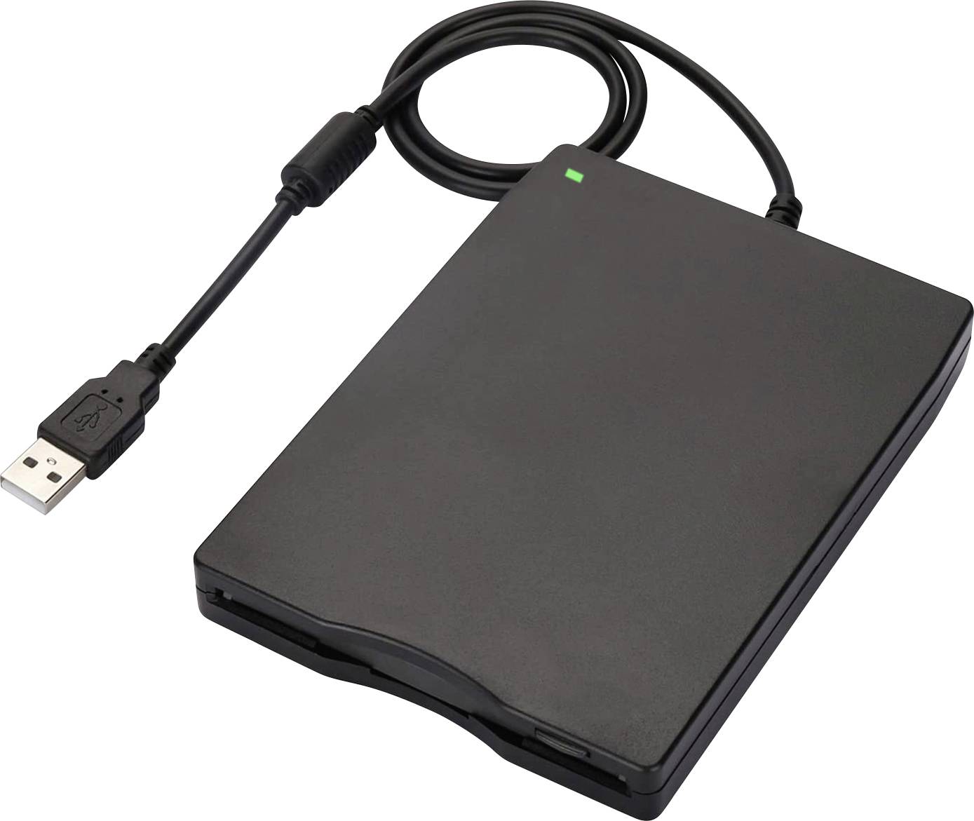 Černá externí disková mechanika s připojeným USB kabelem, určená pro čtení starších floppy disků.
