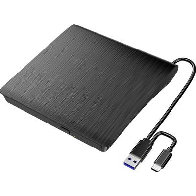 Černá externí CD/DVD mechanika s USB kabelem a dodatečným USB-C adaptérem na bílém pozadí.