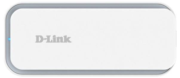 Bílý, obdélníkový bezdrátový router D-Link s malou modrou kontrolkou v rohu.