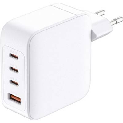 Bílá víceportová USB nástěnná nabíječka se třemi porty USB-C a jedním portem USB-A.