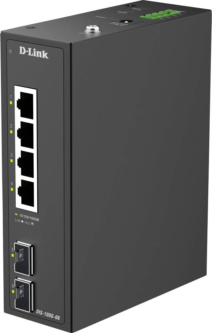 Černý průmyslový ethernetový switch D-Link DIS-100G-6S se čtyřmi síťovými porty a dvěma SFP sloty, používaný pro robustní síťová připojení.