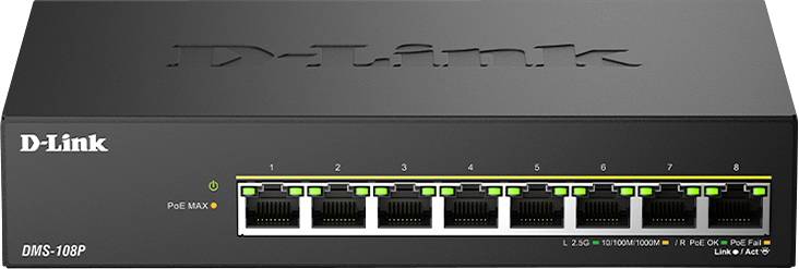 Síťový přepínač D-Link DMS-108P s 8 ethernetovými porty, indikátory PoE a LED stavovými kontrolkami, určený pro správu datového provozu.