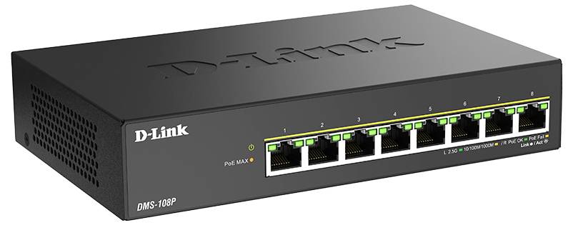 Přepínač D-Link DGS-108P s osmi ethernetovými porty, indikátory LED pro připojení a podporou PoE (napájení přes Ethernet).