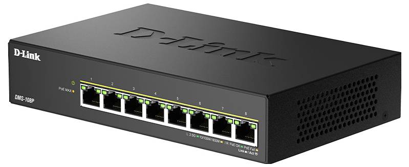 Černý síťový switch se čtyřmi ethernetovými porty a LED indikátory na přední straně, označený logem 'D-Link'.