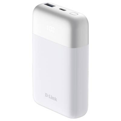 Bílá a šedá přenosná powerbanka značky D-Link s USB portem a displejem zobrazujícím procenta nabití baterie.