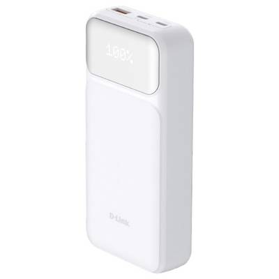 Bílá powerbanka značky D-Link zobrazuje na digitálním displeji '100 %', což signalizuje plné nabití.