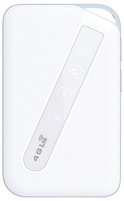 Bílý přenosný Wi-Fi router 4G LTE s indikačními symboly napájení, signálu a baterie na předním panelu.