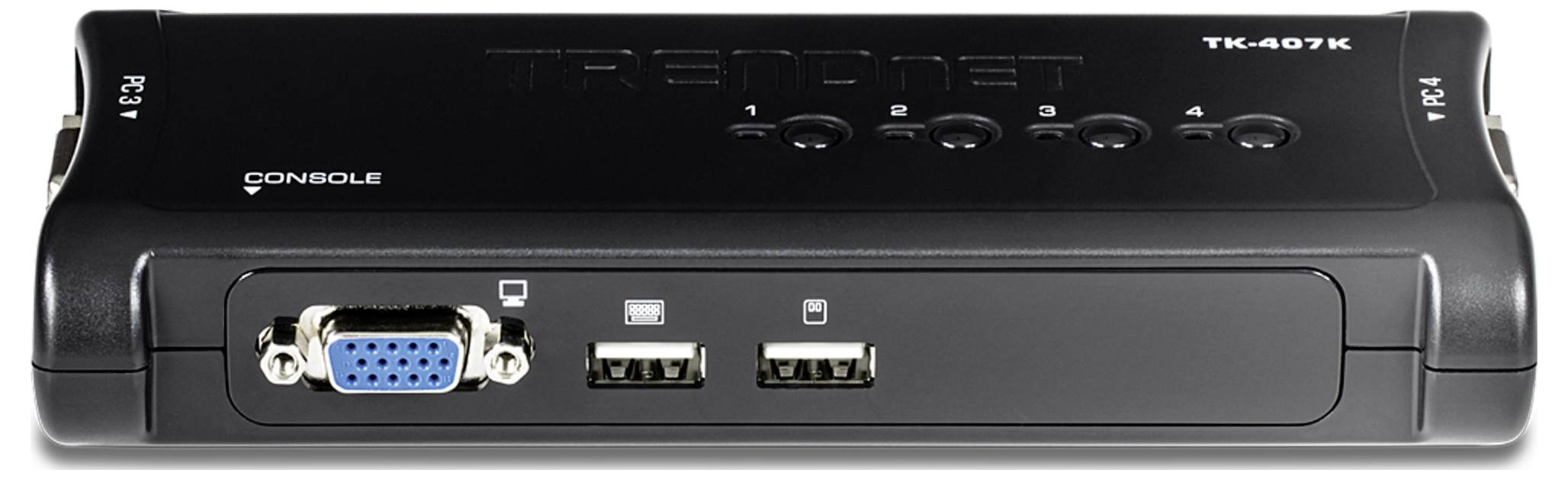 Černý KVM přepínač TRENDnet TK-407K s VGA portem, dvěma USB porty a konzolovou přípojkou.