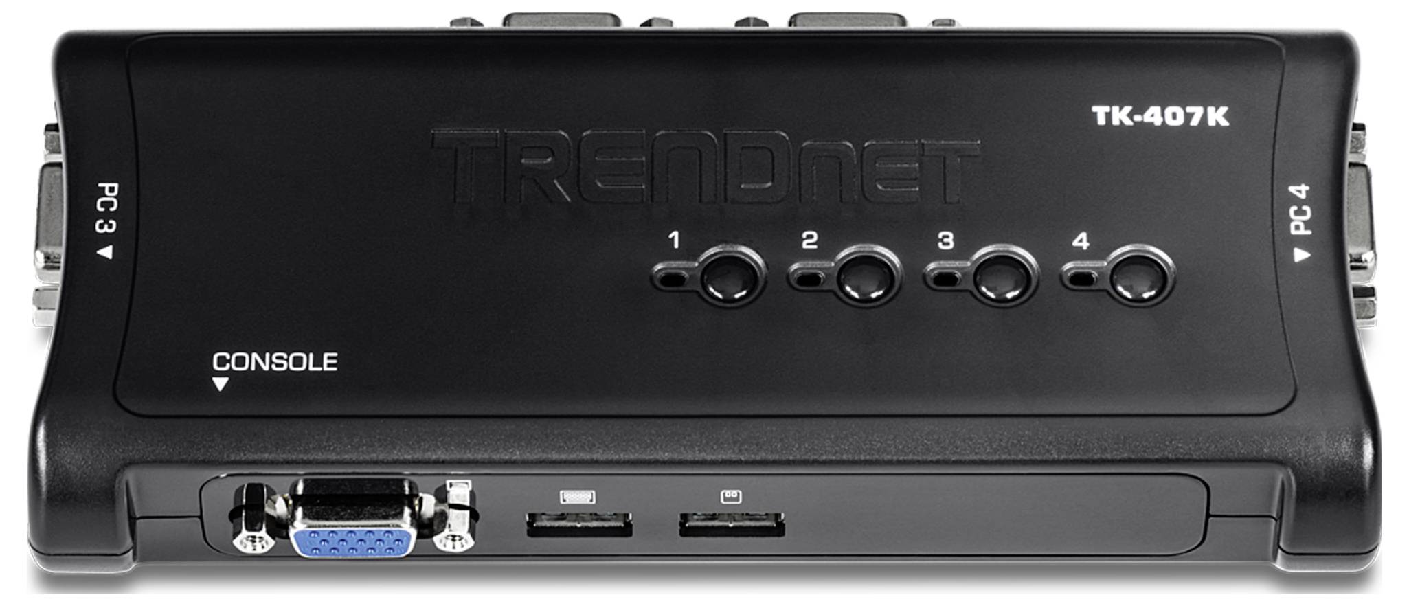 Pohled zepředu na KVM přepínač TRENDnet TK-407K se čtyřmi tlačítky pro výběr mezi připojenými zařízeními, VGA a USB porty a označenou konzolovou sekcí.