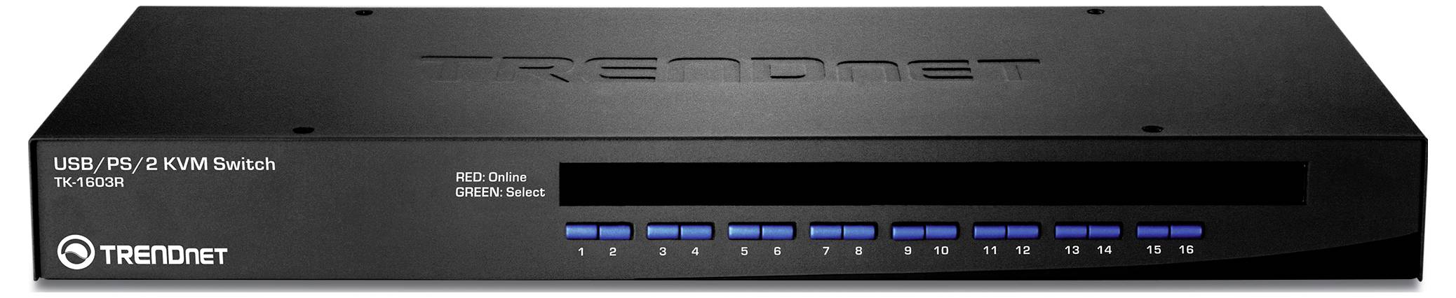 Černý přepínač KVM TRENDnet s rozhraním USB/PS-2 s několika porty a indikačními světly, určený pro správu více počítačů z jediné konzole.